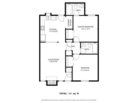 Floor plan for 2 beds, 2 baths, 892 sqft