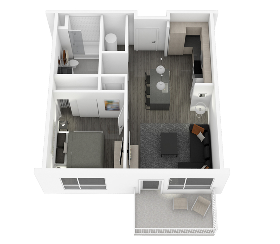 Floor plan for 1 bed, 1 bath, 688 sqft