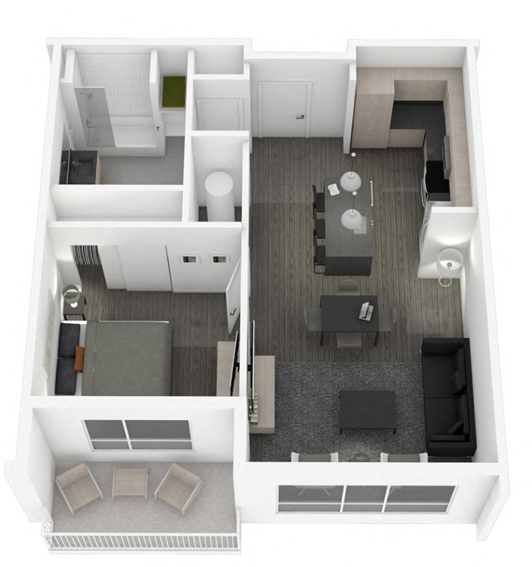 Floor plan for 1 bed, 1 bath, 724 sqft