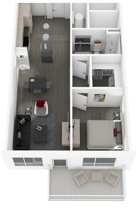Floor plan for 1 bed, 1 bath, 757 sqft