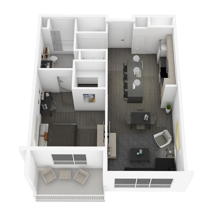 Floor plan for 1 bed, 1 bath, 809 sqft