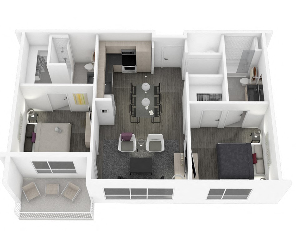 Floor plan for 2 beds, 2 baths, 952 sqft