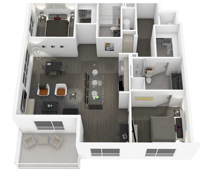 Floor plan for 2 beds, 2 baths, 1405 sqft