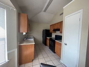 Killeen house for rent - a kitchen with a black refrigerator and a sink