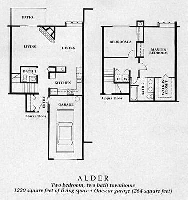 Floor plan for 2 beds, 1.5 baths, 1220 sqft
