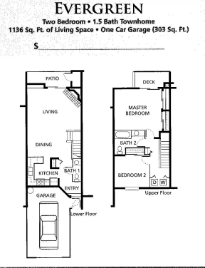 Floor plan for 2 beds, 1.5 baths, 1136 sqft