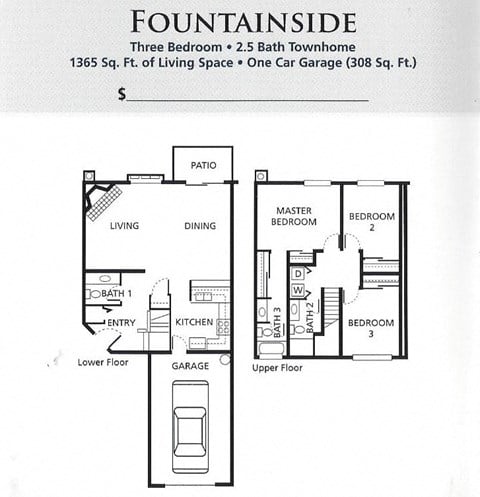 Floor plan for 3 beds, 2.5 baths, 1365 sqft