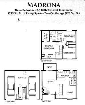 Floor plan for 3 beds, 2.5 baths, 1235 sqft
