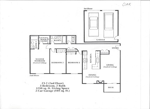 Floor plan for 3 beds, 2 baths, 1258 sqft