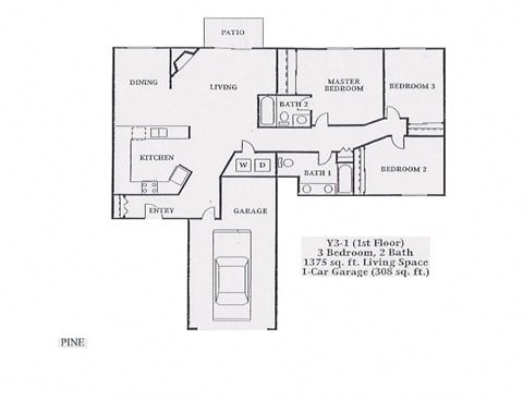Floor plan for 3 beds, 2 baths, 1375 sqft