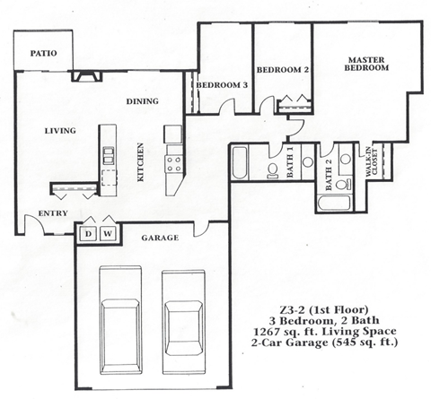 Floor plan for 3 beds, 2 baths, 1267 sqft