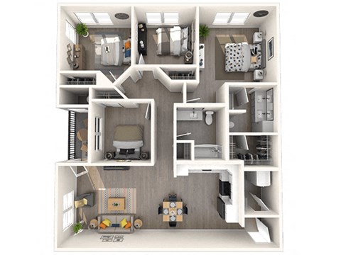 Floor plan for 4 beds, 2 baths, 1350 sqft