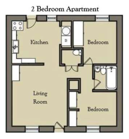 Floor plan for 2 beds, 1 bath