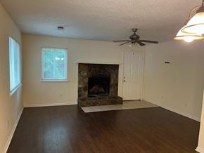 Newnan house for rent - a living room with a fireplace and a ceiling fan