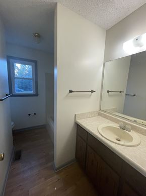 Clarksville house for rent - A bathroom with a sink, mirror, and a window.