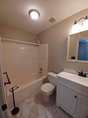 Clarksville house for rent - a bathroom with a toilet and a tub and a sink