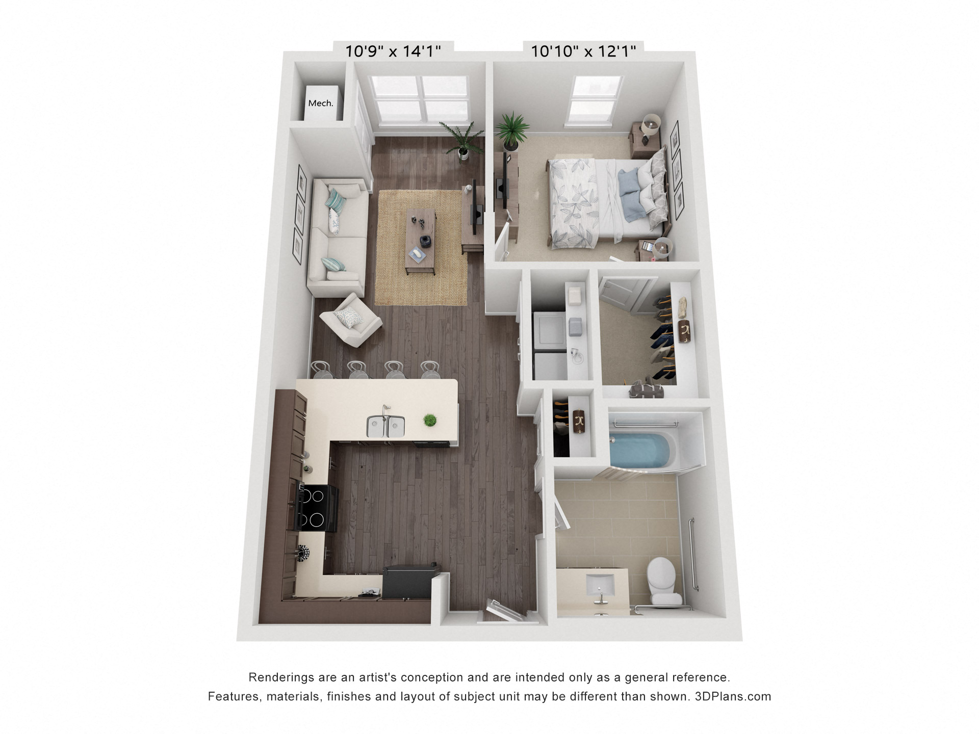 Floor plan for 1 bed, 1 bath, 653 sqft