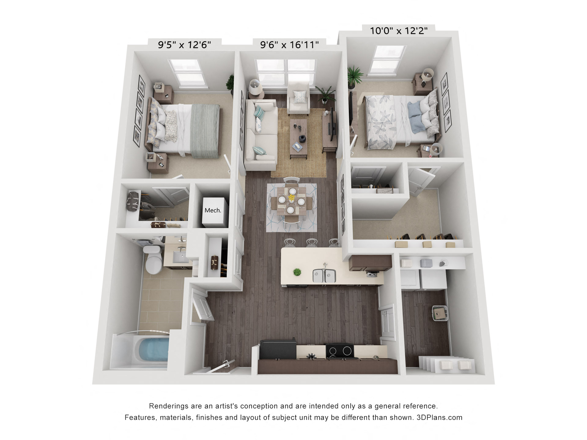 Floor plan for 2 beds, 1 bath, 851 sqft