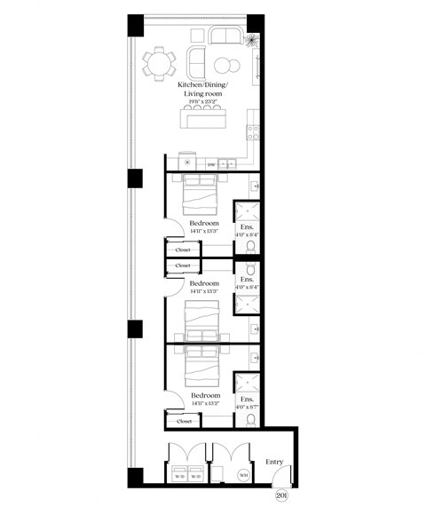 Floor plan for 3 beds, 3 baths, 1967 sqft
