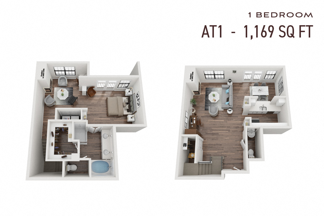 Floor plan for 1 bed, 1.5 baths, 1169 sqft