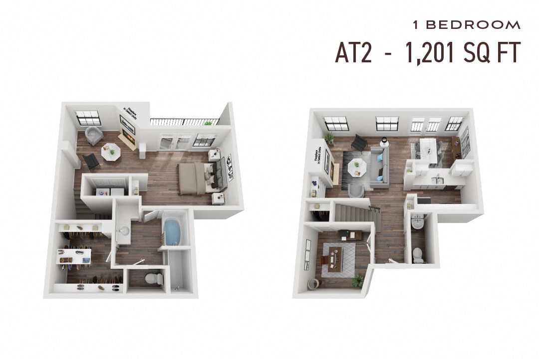 Floor plan for 1 bed, 1.5 baths, 1201 sqft