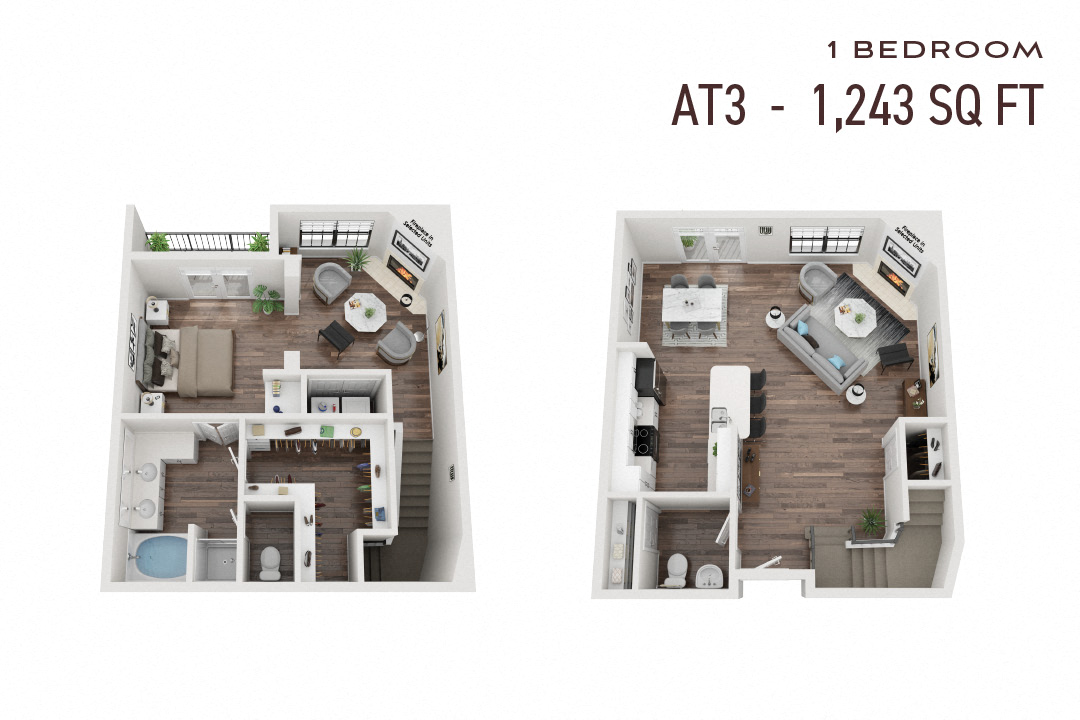 Floor plan for 1 bed, 1.5 baths, 1243 sqft