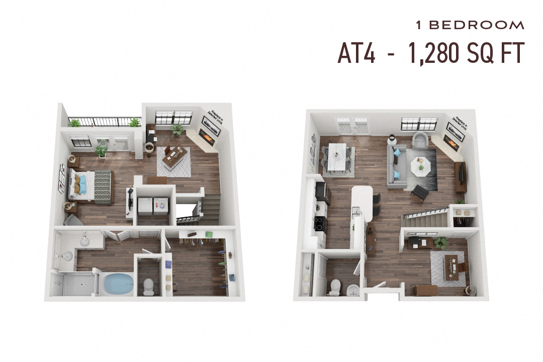 Floor plan for 1 bed, 1.5 baths, 1280 sqft
