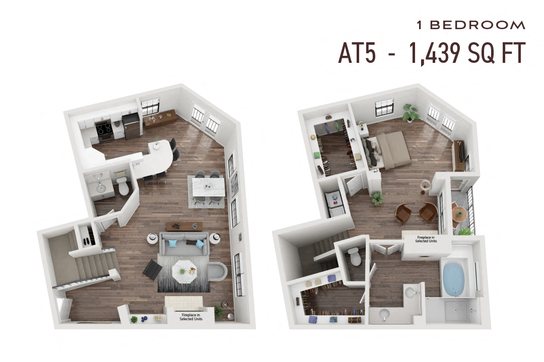 Floor plan for 1 bed, 1.5 baths, 1439 sqft
