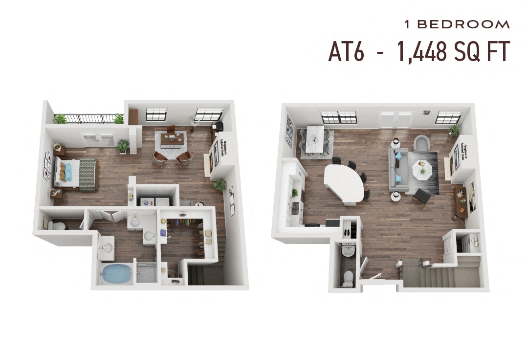 Floor plan for 1 bed, 1.5 baths, 1448 sqft