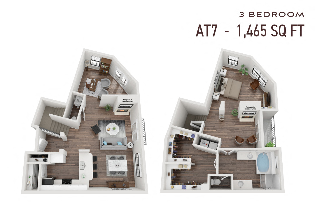 Floor plan for 1 bed, 1.5 baths, 1465 sqft
