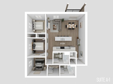 Floor plan for 3 beds, 2 baths, 1075 sqft