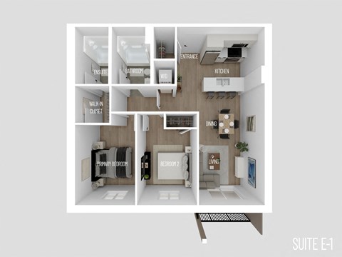 Floor plan for 2 beds, 2 baths, 840 sqft