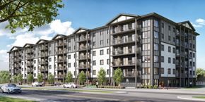 Winnipeg apartment for rent - a rendering of an apartment building on a city street
