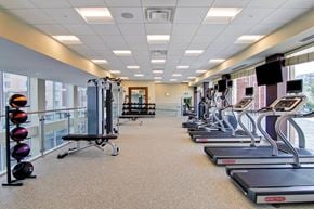 Kanata apartment for rent - a spacious fitness room with cardio equipment and windows