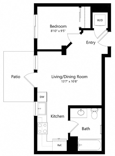Floor plan for 1 bed, 1 bath, 463 sqft