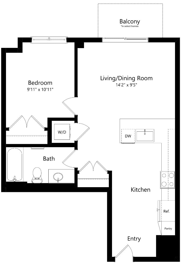 Floor plan for 1 bed, 1 bath, 652 sqft