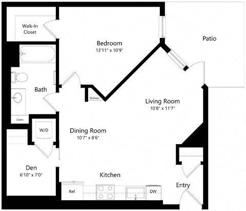 Floor plan for 1 bed, 1 bath, 736 sqft