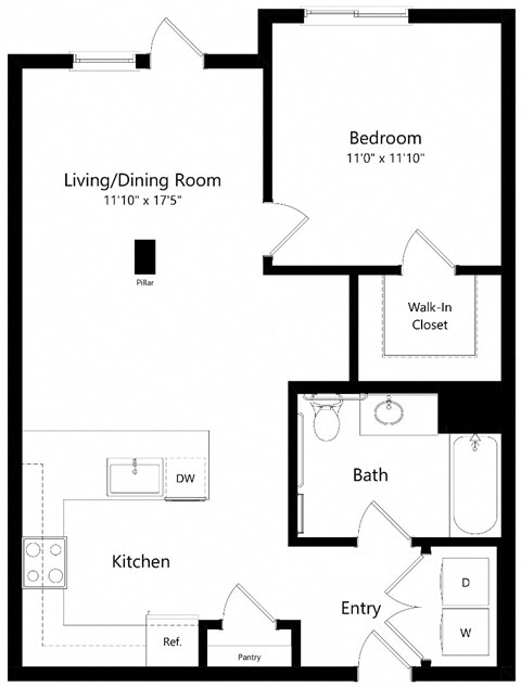 Floor plan for 1 bed, 1 bath, 736 sqft
