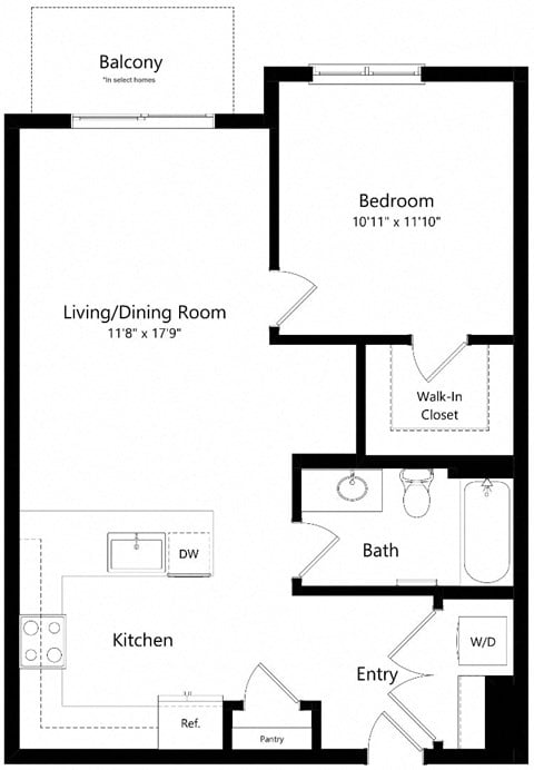 Floor plan for 1 bed, 1 bath, 741 sqft