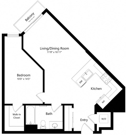 Floor plan for 1 bed, 1 bath, 745 sqft