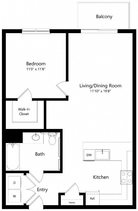 Floor plan for 1 bed, 1 bath, 723 sqft