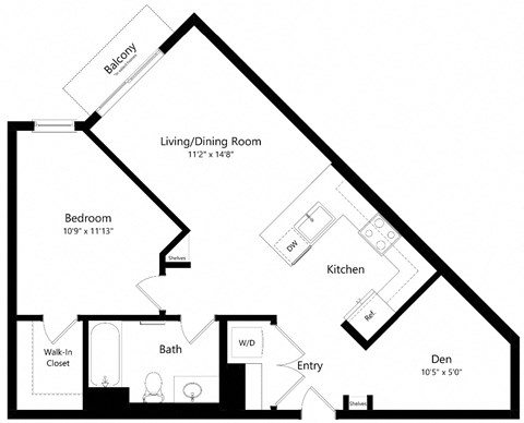 Floor plan for 1 bed, 1 bath, 768 sqft