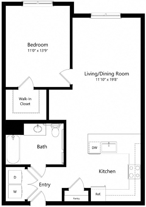 Floor plan for 1 bed, 1 bath, 791 sqft