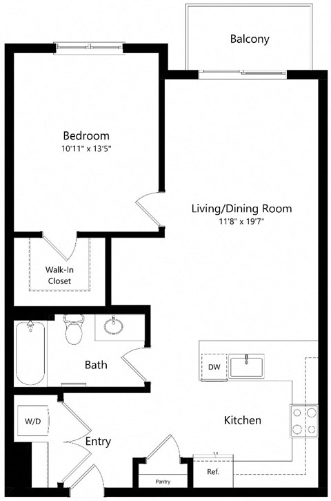 Floor plan for 1 bed, 1 bath, 791 sqft