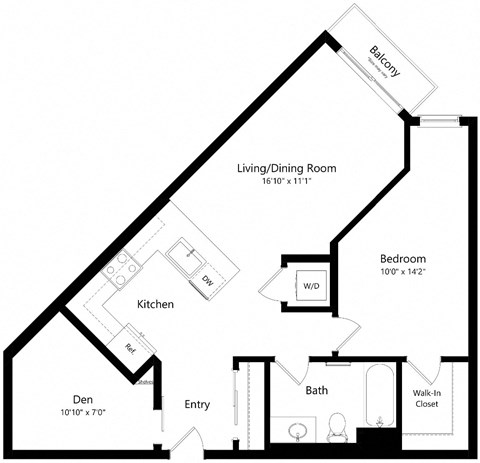 Floor plan for 1 bed, 1 bath, 800 sqft