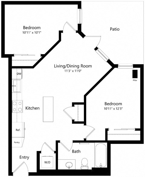 Floor plan for 2 beds, 1 bath, 753 sqft