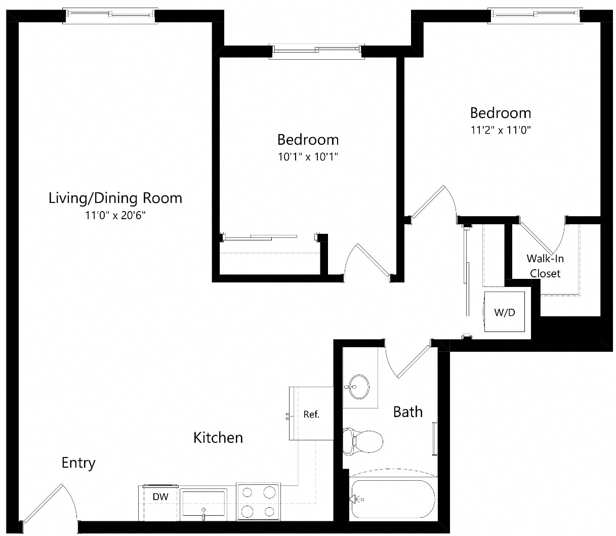 Floor plan for 2 beds, 1 bath, 810 sqft