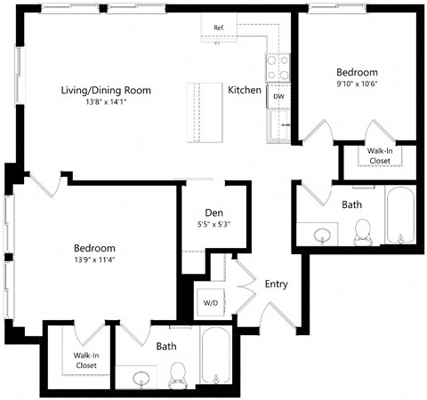 Floor plan for 2 beds, 2 baths, 970 sqft