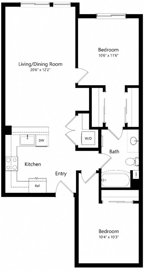 Floor plan for 2 beds, 1.5 baths, 970 sqft