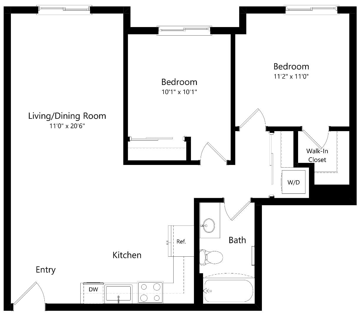 Floor plan for 2 beds, 1 bath